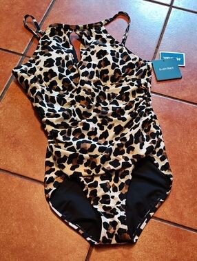 Ellen Tracy  One-Piece Leopard Print Swimsuit - Black and Cream